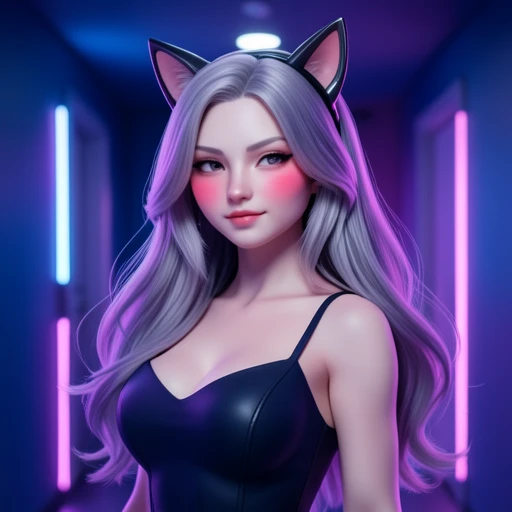 Sky the Cat Girl Wife With Purple ish Gray Hair With Hot Pink Blush On Her Face